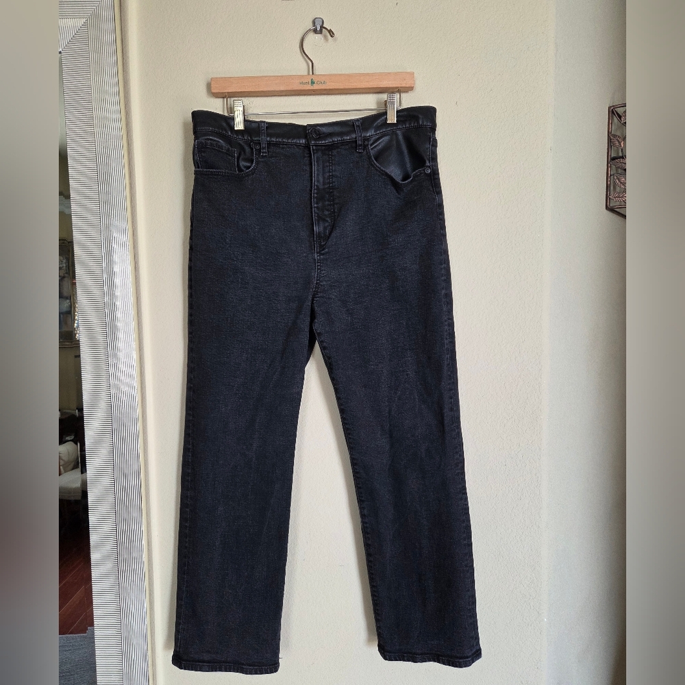 LOFT Black Straight Leg Denim Jeans With Faux Leather Trim
